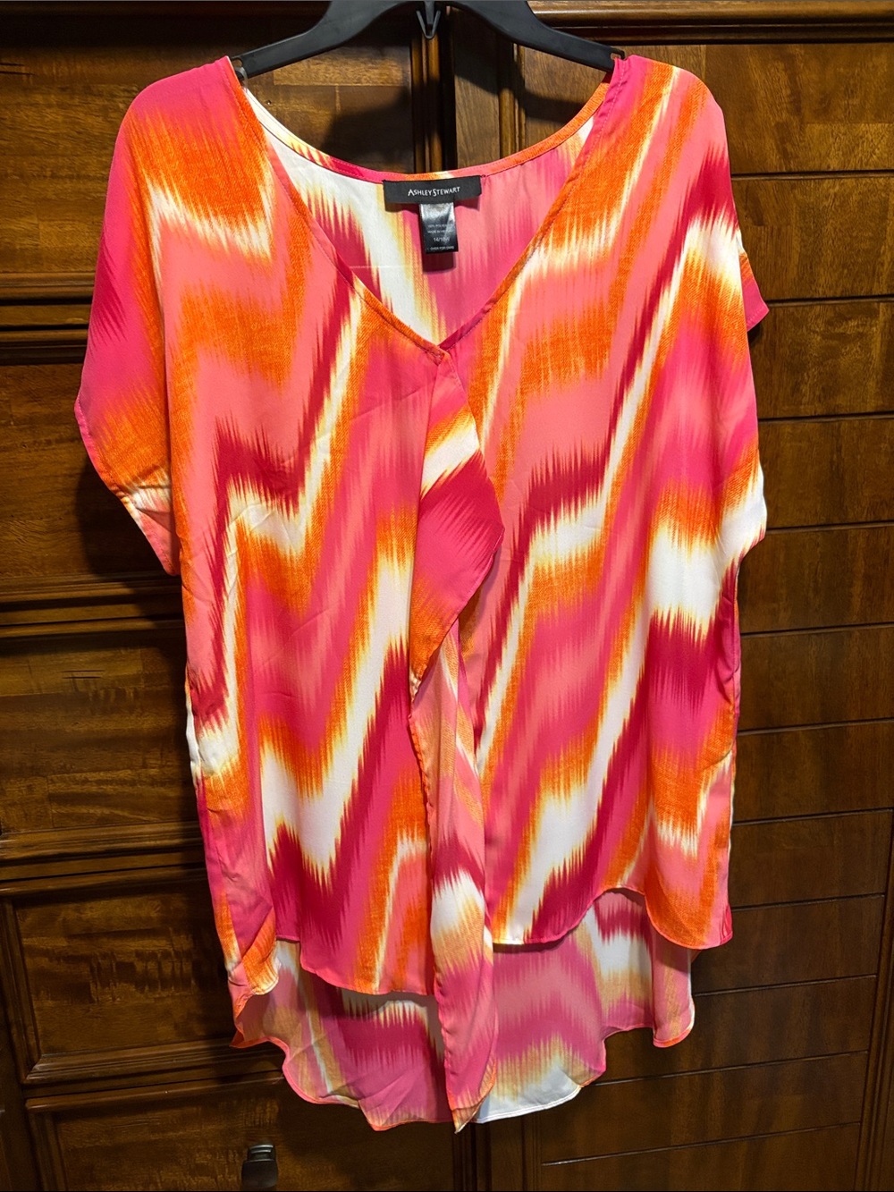 Ashley Stewart Pink and Orange Zigzag Ruffle-Front Blouse